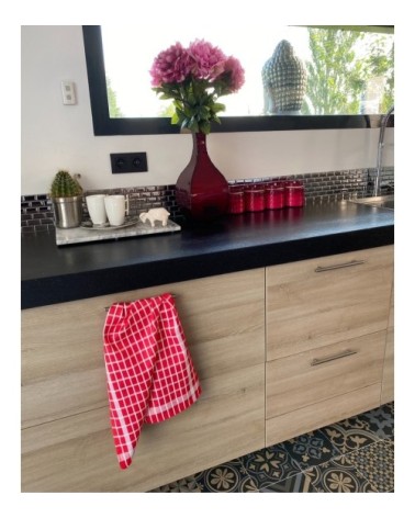 Deux Duos torchons assortis bicolores carreaux rouges 50 x 70