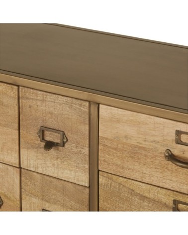 Buffet industriel 2 portes 10 tiroirs en métal coloris laiton et bois de manguier massif