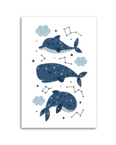 Tableau enfant merry whales bleu 40x60