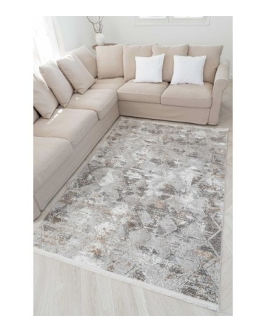 Tapis vintage motif géométrique abstrait avec franges beige 160x230cm