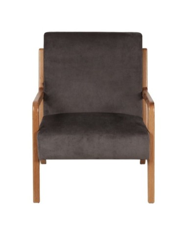 Fauteuil vintage velours gris taupe piètement chêne massif ciré