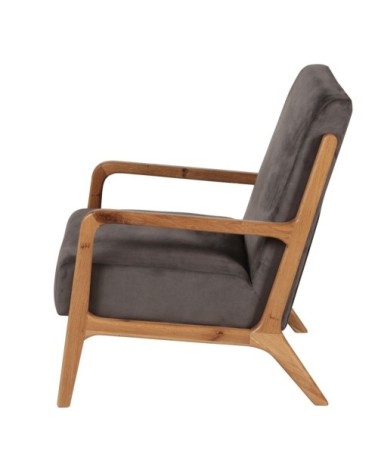 Fauteuil vintage velours gris taupe piètement chêne massif ciré