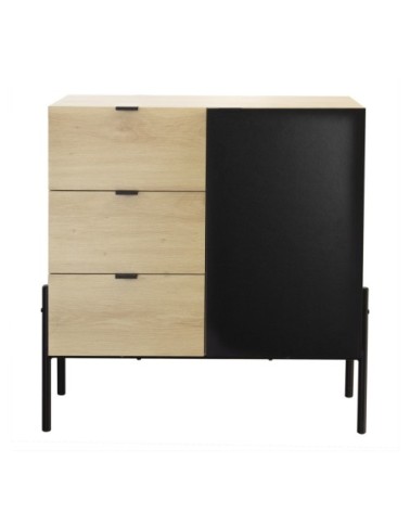 Commode 3 tiroirs décor chêne - 1 porte noire - 79cm