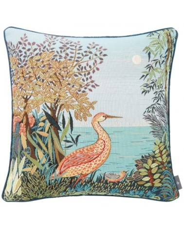Housse de coussin tapisserie heron en forêt made in france bleu