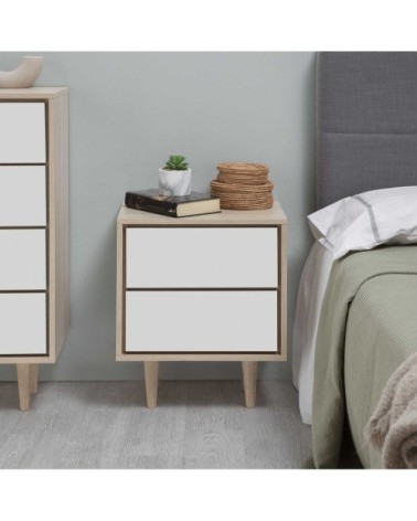 Table de chevet avec 2 tiroirs couleur chêne/blanc