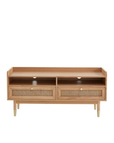 Meuble TV 2 tiroirs en bois et cannage L120cm bois clair