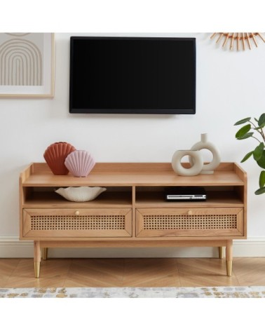 Meuble TV 2 tiroirs en bois et cannage L120cm bois clair