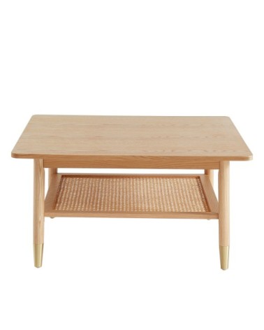Table basse carrée en bois et cannage 80x80cm bois clair