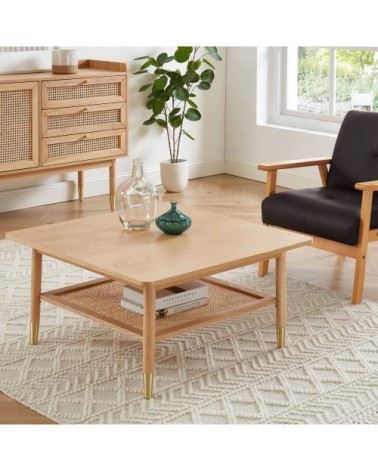 Table basse carrée en bois et cannage 80x80cm bois clair
