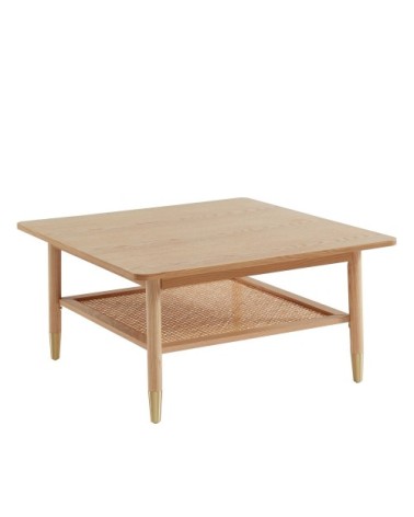 Table basse carrée en bois et cannage 80x80cm bois clair