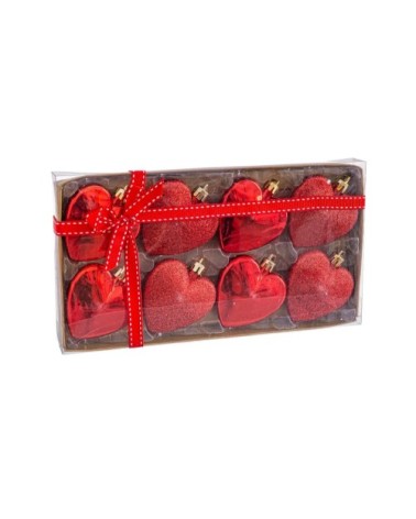 Set de 8 boules de Noël rouges coeurs 6cm