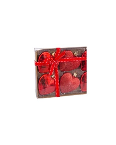 Set de 8 boules de Noël rouges coeurs 6cm