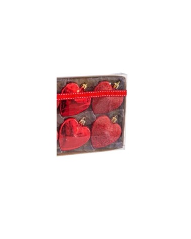 Set de 8 boules de Noël rouges coeurs 6cm