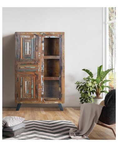 Vitrine en bois de manguier et pieds en métal multicolore