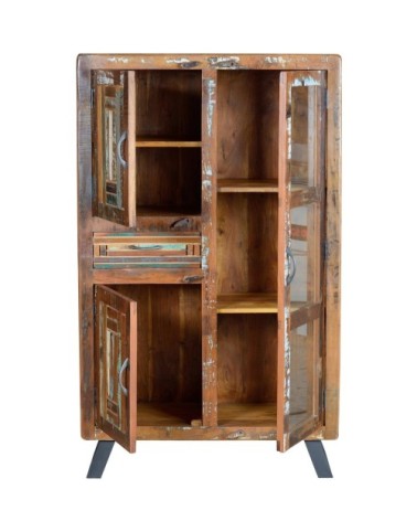 Vitrine en bois de manguier et pieds en métal multicolore