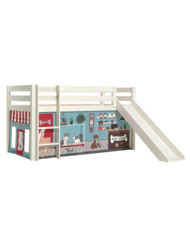 Lit mi-hauteur 90x200 toboggan sommier inclus housse pet shop blanc