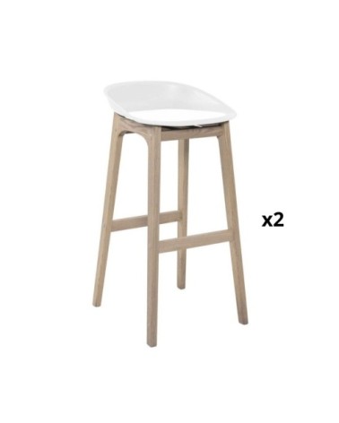 Lot de 2 tabourets de bar en chêne et assise blanche 75 cm