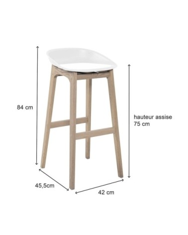 Lot de 2 tabourets de bar en chêne et assise blanche 75 cm