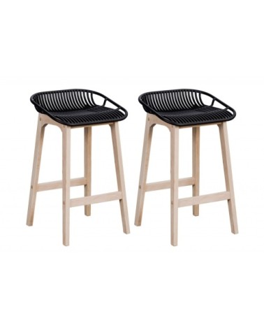 Lot de 2 tabourets de bar assise noire et pieds en chêne 65 cm