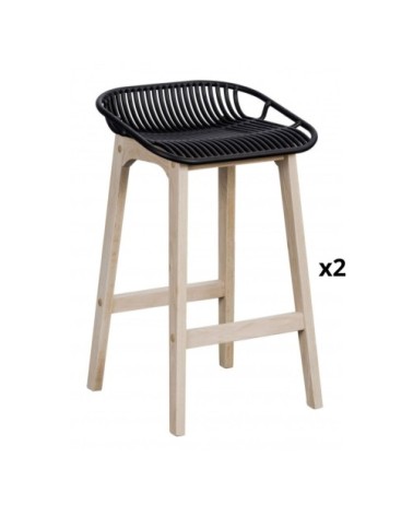 Lot de 2 tabourets de bar assise noire et pieds en chêne 65 cm