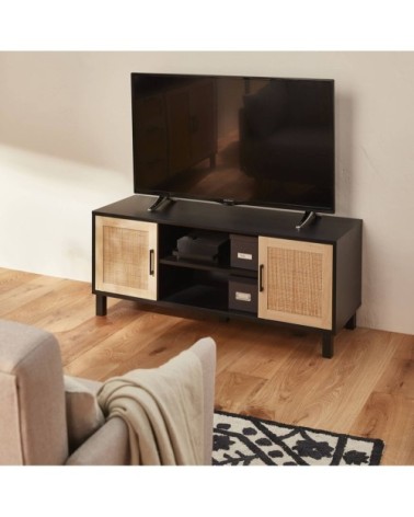 Meuble tv noir et cannage 115 x 40 x 48cm