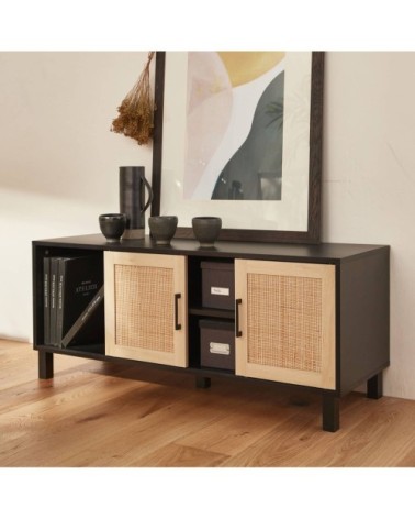 Meuble tv noir et cannage 115 x 40 x 48cm