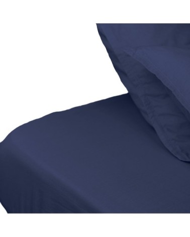 Drap housse en percale lavée bonnet 30 cm  indigo 180x200 cm