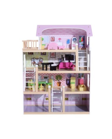 Maison de poupée grand réalisme en bois multi-équipement blanc et rose