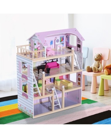 Maison de poupée grand réalisme en bois multi-équipement blanc et rose