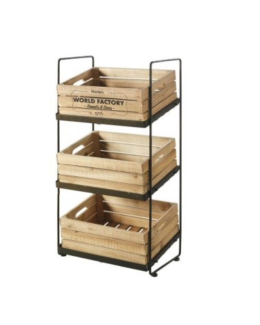 Fruitier en métal noir effet vieilli 3 caisses en pin et sapin