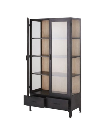 Vitrine industrielle 2 portes 2 tiroirs en métal noir mat