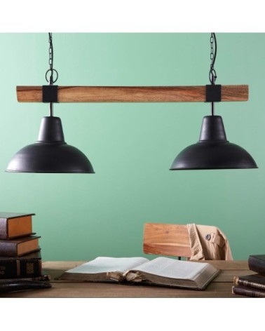 Suspension double en métal noir et manguier