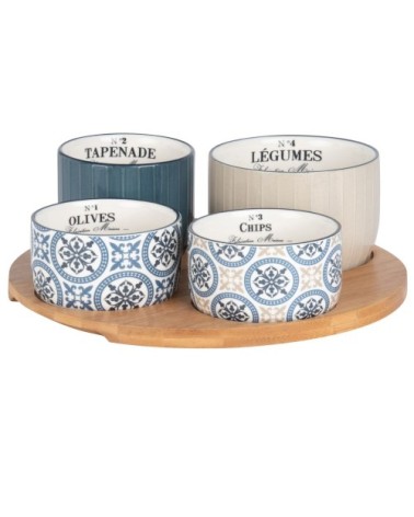 Plateau apéritif en bambou 4 bols en faïence bleue, beige et blanche à motifs