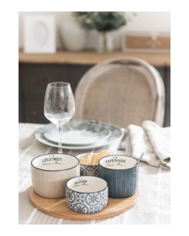 Plateau apéritif en bambou 4 bols en faïence bleue, beige et blanche à motifs