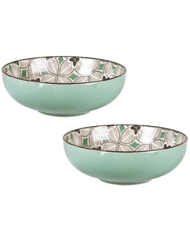 Assiette creuse en grès motifs graphiques bleu gris, verts et blancs