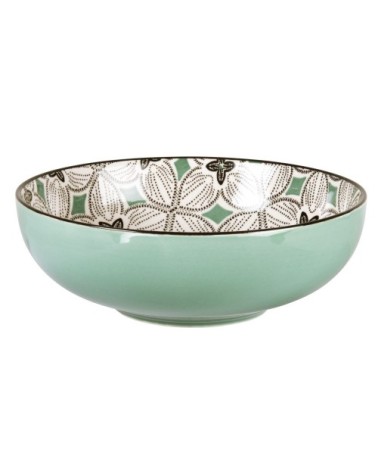 Assiette creuse en grès motifs graphiques bleu gris, verts et blancs