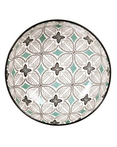 Assiette creuse en grès motifs graphiques bleu gris, verts et blancs
