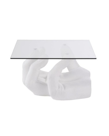 Bout de canapé en verre et main en magnésite blanche