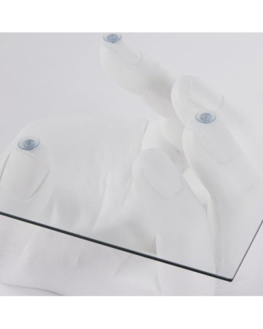 Bout de canapé en verre et main en magnésite blanche