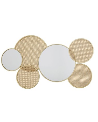 Déco murale en miroir et rotin beige et doré 146x84