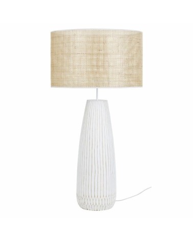 Lampe en bois de sapin blanc et abat-jour en rabanne