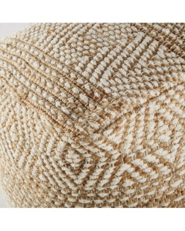 Pouf en jute et coton beige et blanc à motifs graphique