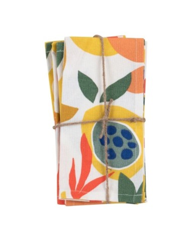 Serviettes en coton imprimé écru, jaune moutarde, bleu et corail (x4) 42x42