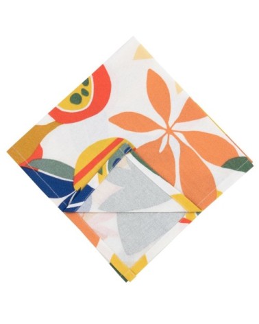 Serviettes en coton imprimé écru, jaune moutarde, bleu et corail (x4) 42x42