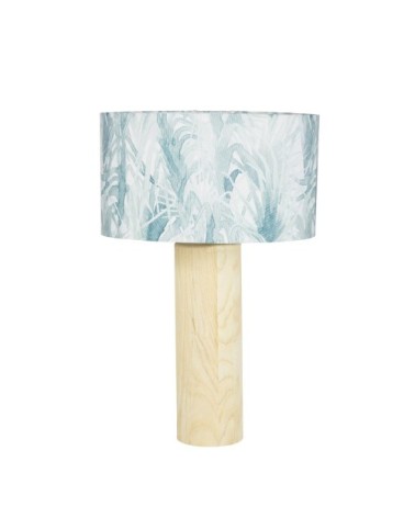 Lampe en bois d'ailante abat-jour en coton imprimé feuillage bleu