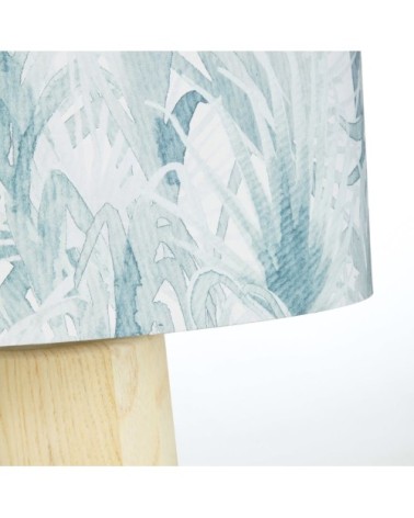Lampe en bois d'ailante abat-jour en coton imprimé feuillage bleu