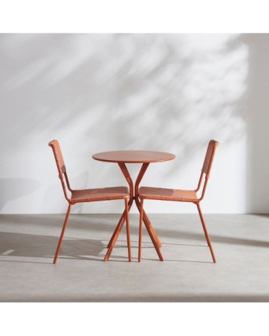 Ensemble table et 2 chaises de jardin en acier et résine tressée terracotta
