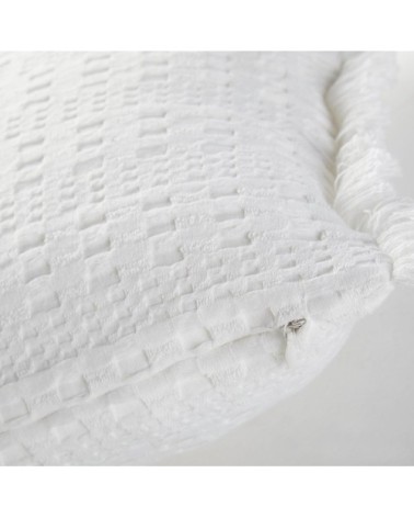 Coussin en coton bio gaufré blanc à franges 45x45