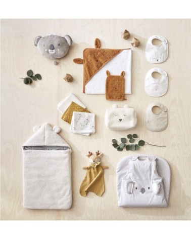 Doudou bébé cerf jaune, beige et marron