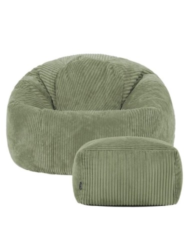 Pouf avec repose-pied carré velours côtelé vert sauge